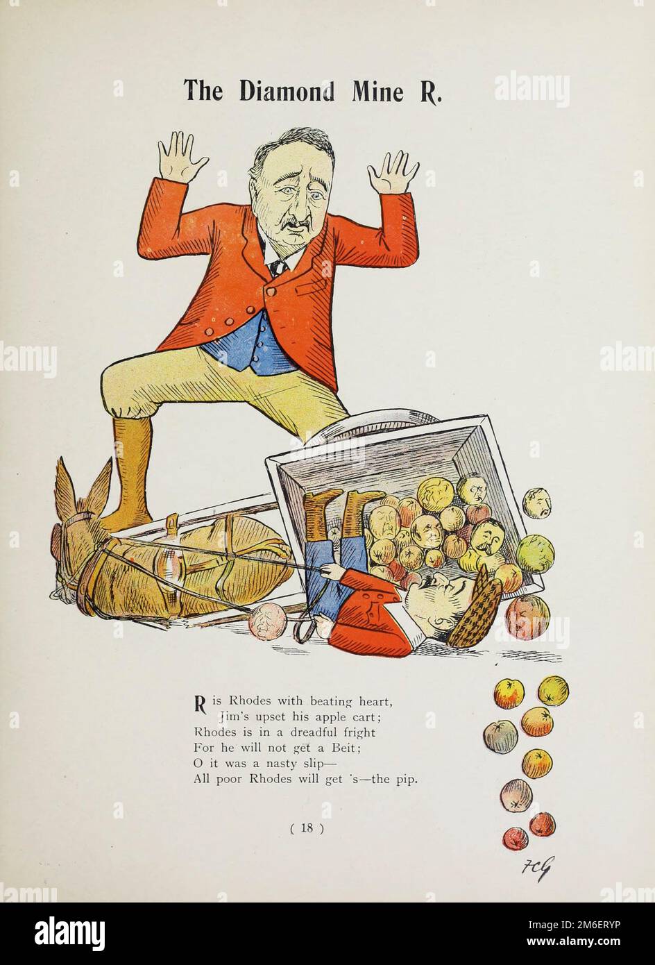 Le Diamond Mine R R est Rhodes avec le coeur battant Jim bouleversé son chariot de pomme Rhodes est dans une peur terrible pour qu'il ne va pas obtenir un Beit O c'était un mauvais glissement tous Rhodes aura le pip du livre satirique Struwwwwwelpeter alphabet par Harold Begbie, 1871-1929, Illustré par Francis Carruthers Gould, 1844-1925, publié à Londres : G. Richards en 1900 Banque D'Images