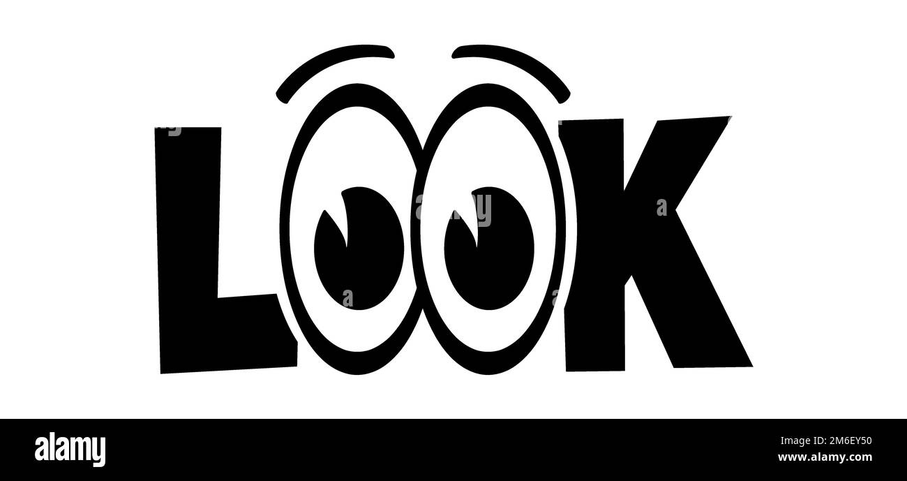 Dessin animé effet sloagan ou regard avec oeil de dessin, iris et cils. Scénario de succès, de motivation et d'inspiration. Regardez, regardez avec les yeux heureux de sourire. Banque D'Images