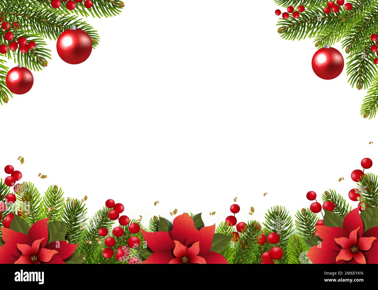 Carte postale de Noël avec bordure Poinsettia et fond blanc Banque D'Images