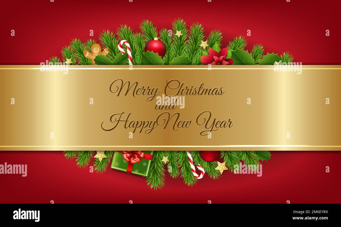 Carte postale de Noël avec sapin et bannière dorée Banque D'Images