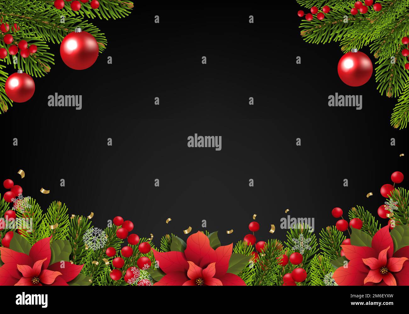 Carte postale de Noël avec bordure Poinsettia Banque D'Images