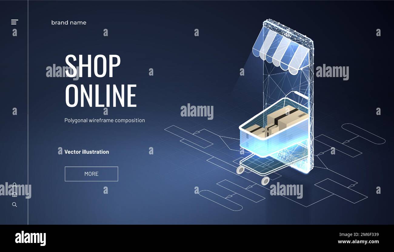 Boutique en ligne. Smartphone transformé en boutique Internet. Chariot et smartphone Isométrique avec auvent. Le concept de développement de boutique en ligne.Sto Illustration de Vecteur