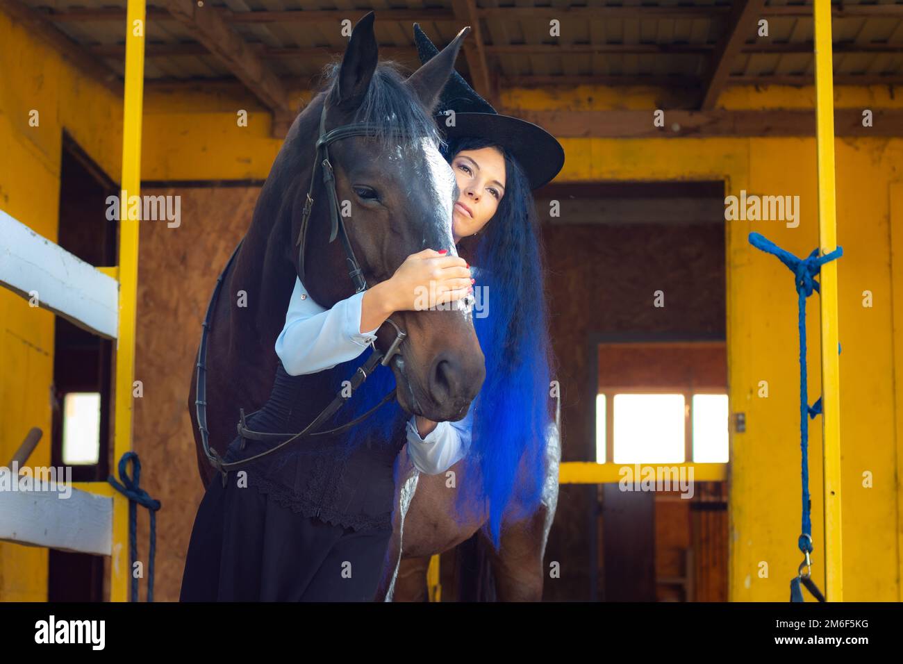 Une fille habillée comme une sorcière embrasse un cheval et regarde attentivement la distance Banque D'Images