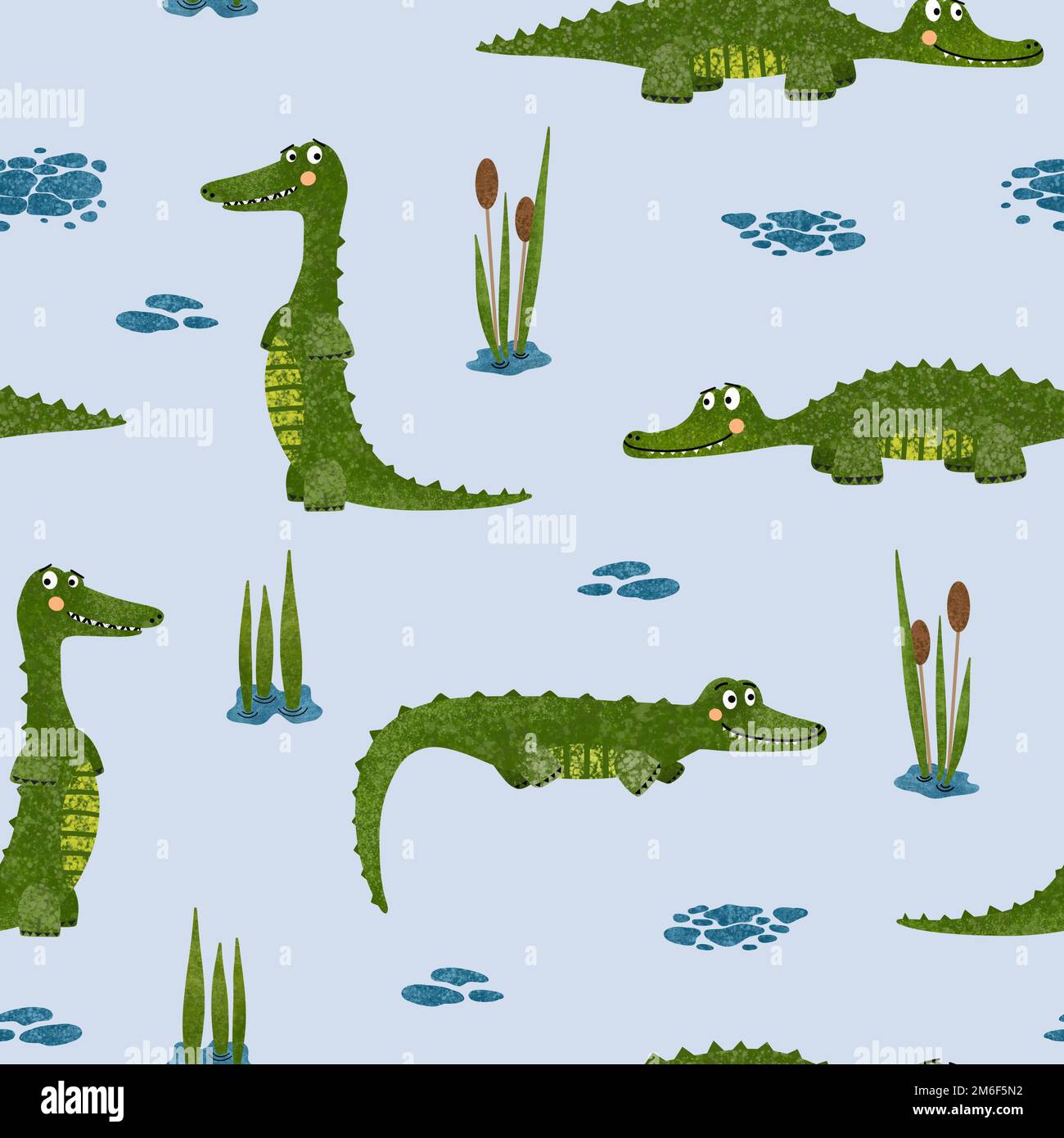 Motif crocodile sans couture amusant. Illustration texturée dessinée à la main avec de jolis animaux sauvages, de l'eau et des plantes sur fond bleu clair Banque D'Images