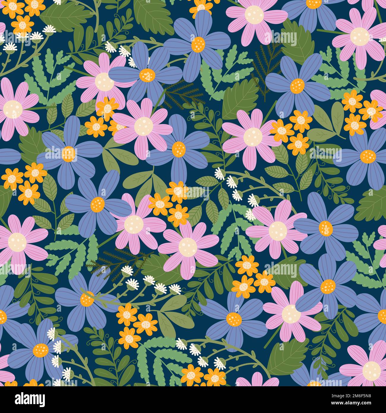 Motif fleuri sans coutures. Fleurs roses, violettes et jaunes colorées sur fond sombre. Illustration raster. Motif tendance sans couture Banque D'Images