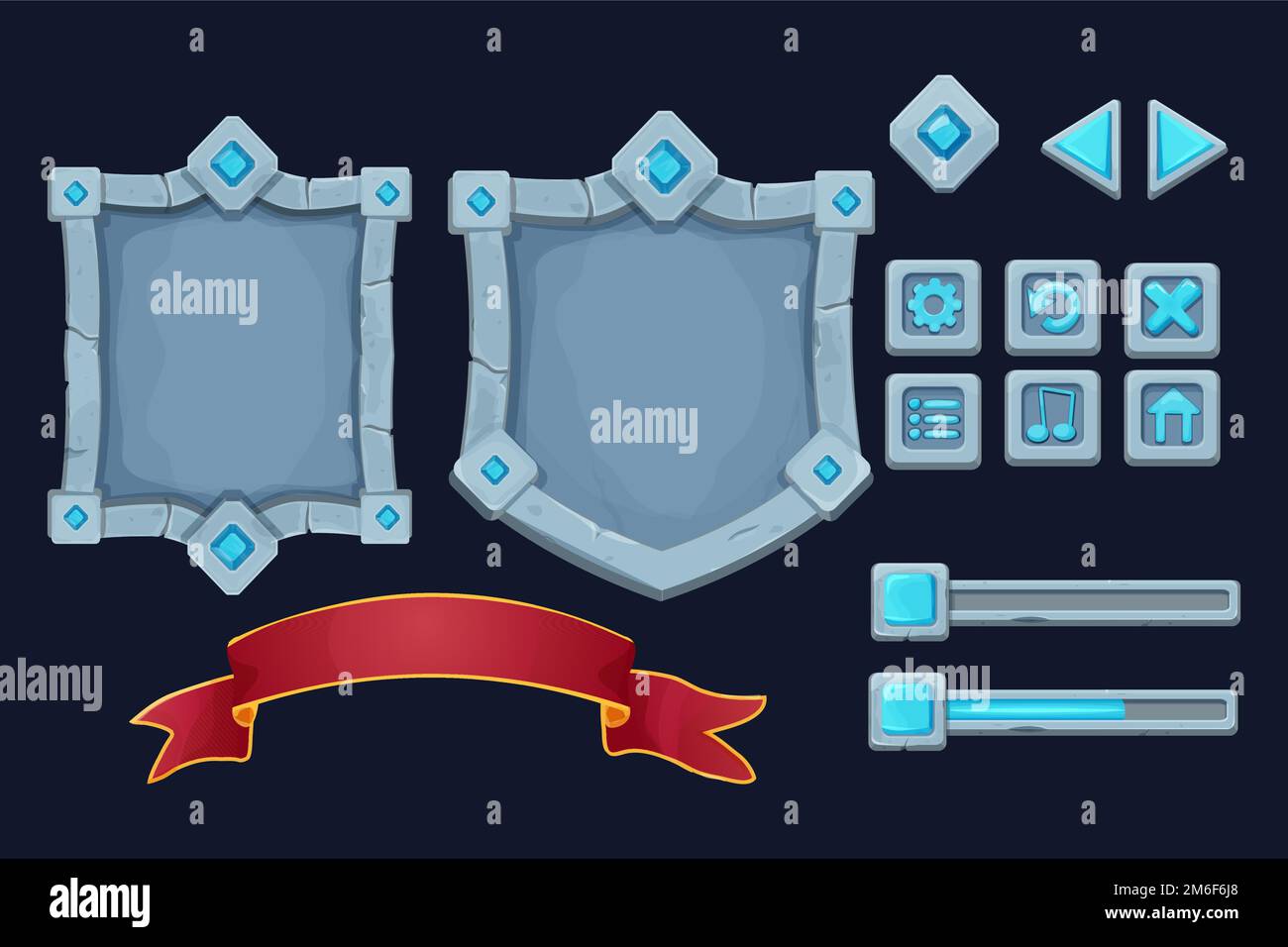 Set pierre bouclier, cadre avec pierres gemmes, prix ruban jeu victoire menu de tableau et de fixer des icônes dans le style de dessin animé isolé sur l'arrière-plan. Atout Magic royal, modèle. Illustration vectorielle Illustration de Vecteur
