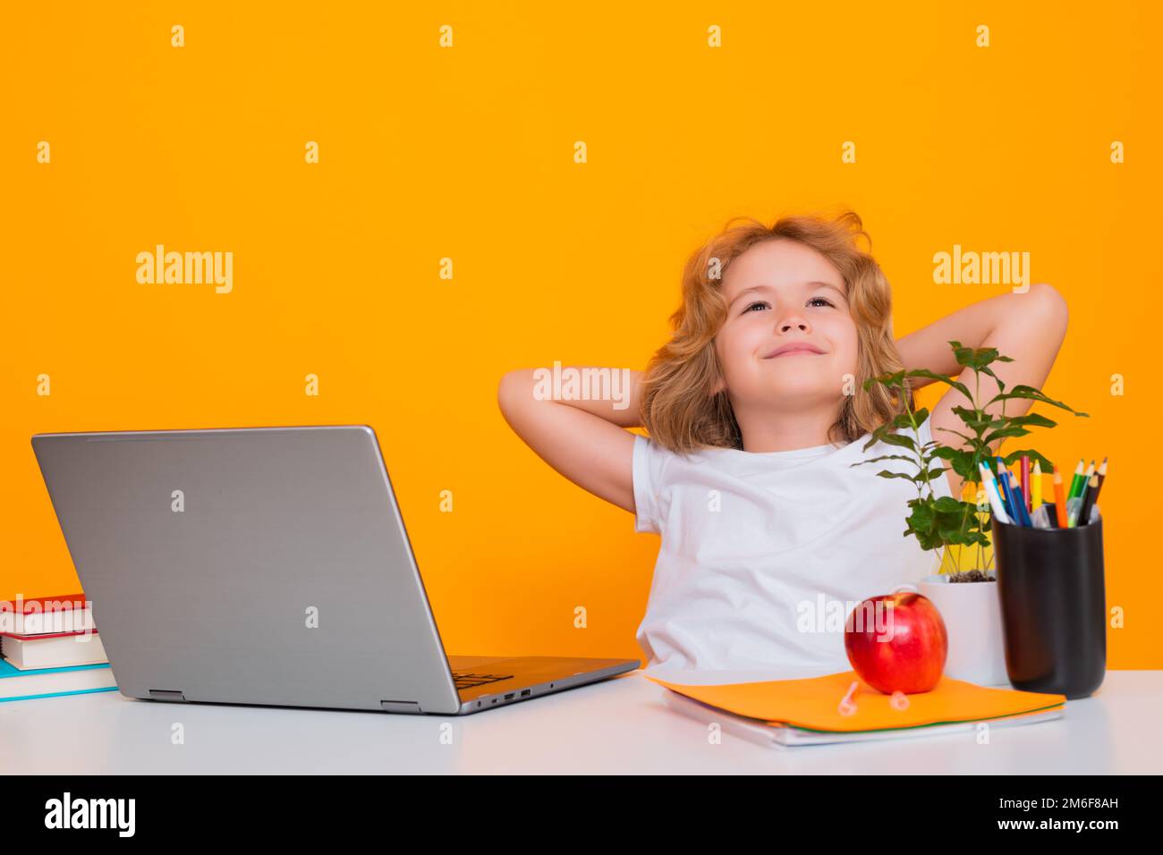 Enfant d'école utilisant un ordinateur portable. École enfant étudiant en apprentissage, étudier la langue ou la littérature à l'école. Enfant de l'école primaire. Portrait de nerd Banque D'Images