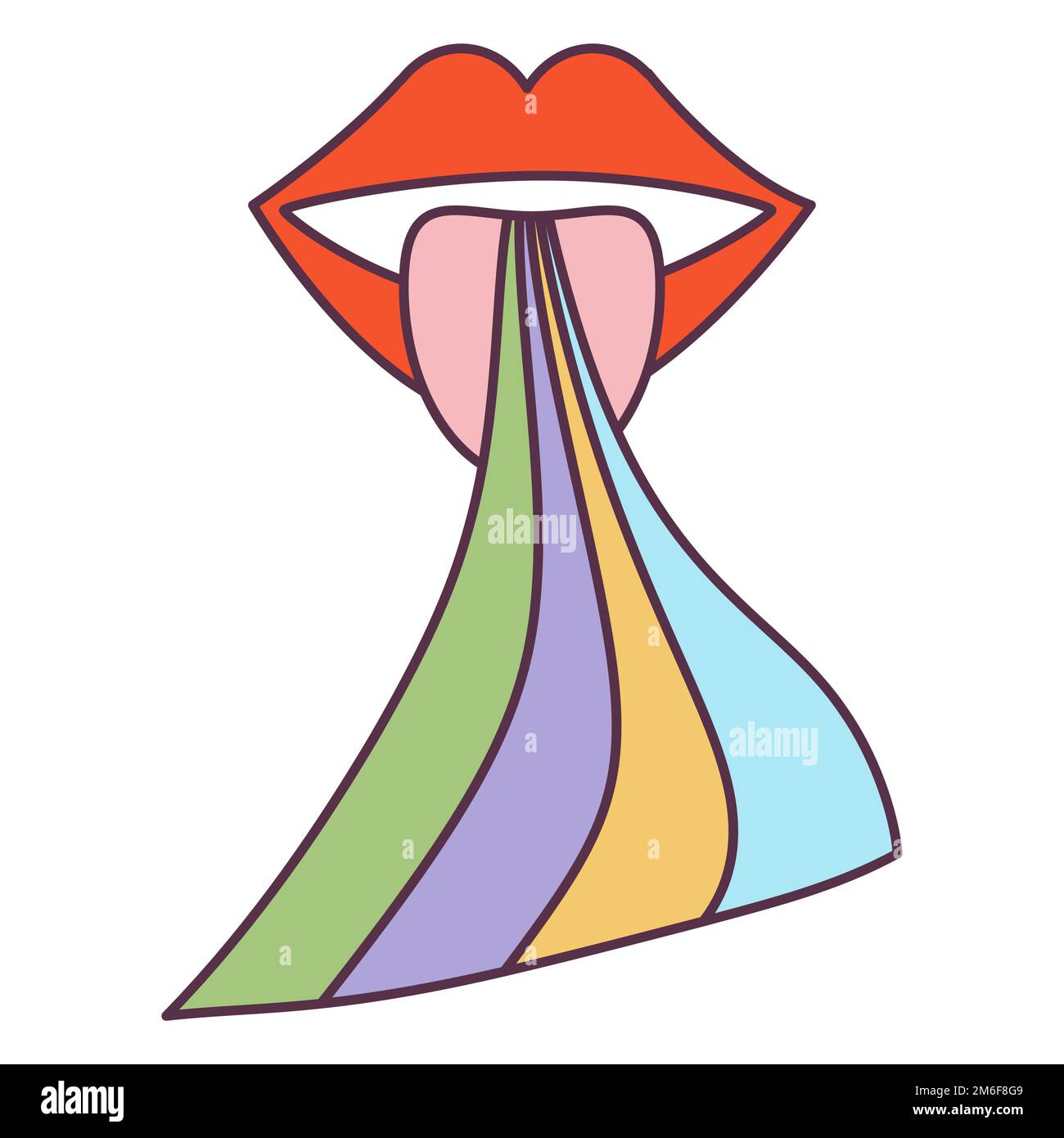 Retro 70s Groovy hippie sticker lèvre arc-en-ciel. Élément de dessin animé psychédélique - illustration funky dans le style hippy vintage. Illustration vectorielle plate pour Illustration de Vecteur
