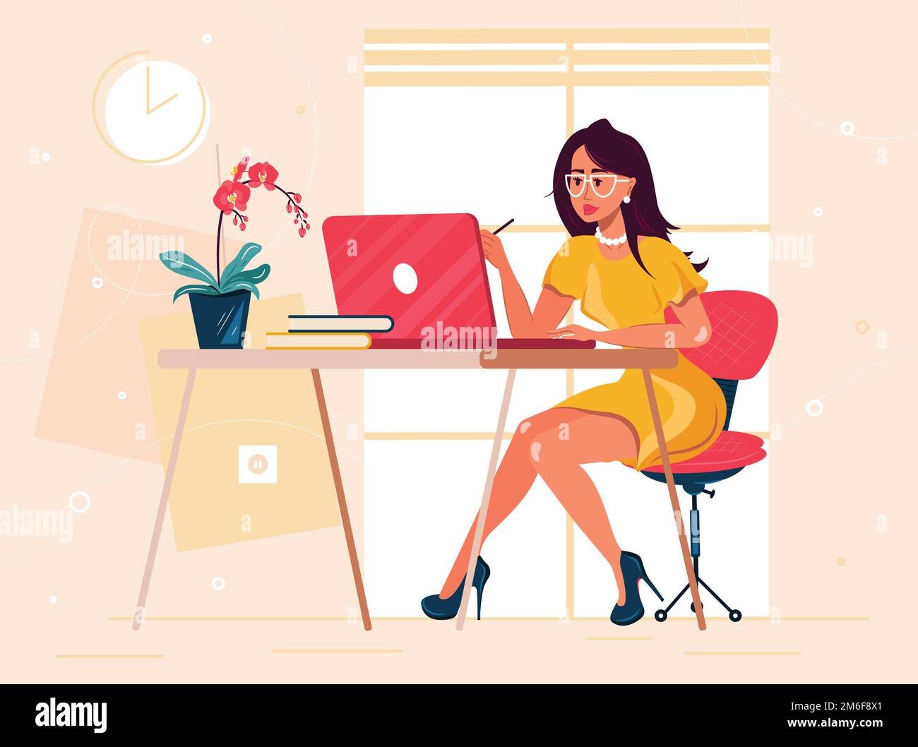 Employé de bureau. Femme d'affaires est assise au bureau et travaille sur l'ordinateur portable. Illustration du concept de vecteur plat Illustration de Vecteur