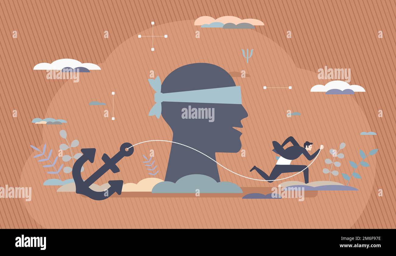 Ancrer le biais - le biais cognitif qui fait que les gens comptent trop fortement sur la première partie de l'information qu'ils obtiennent sur un sujet donné - maladie conceptuelle Banque D'Images
