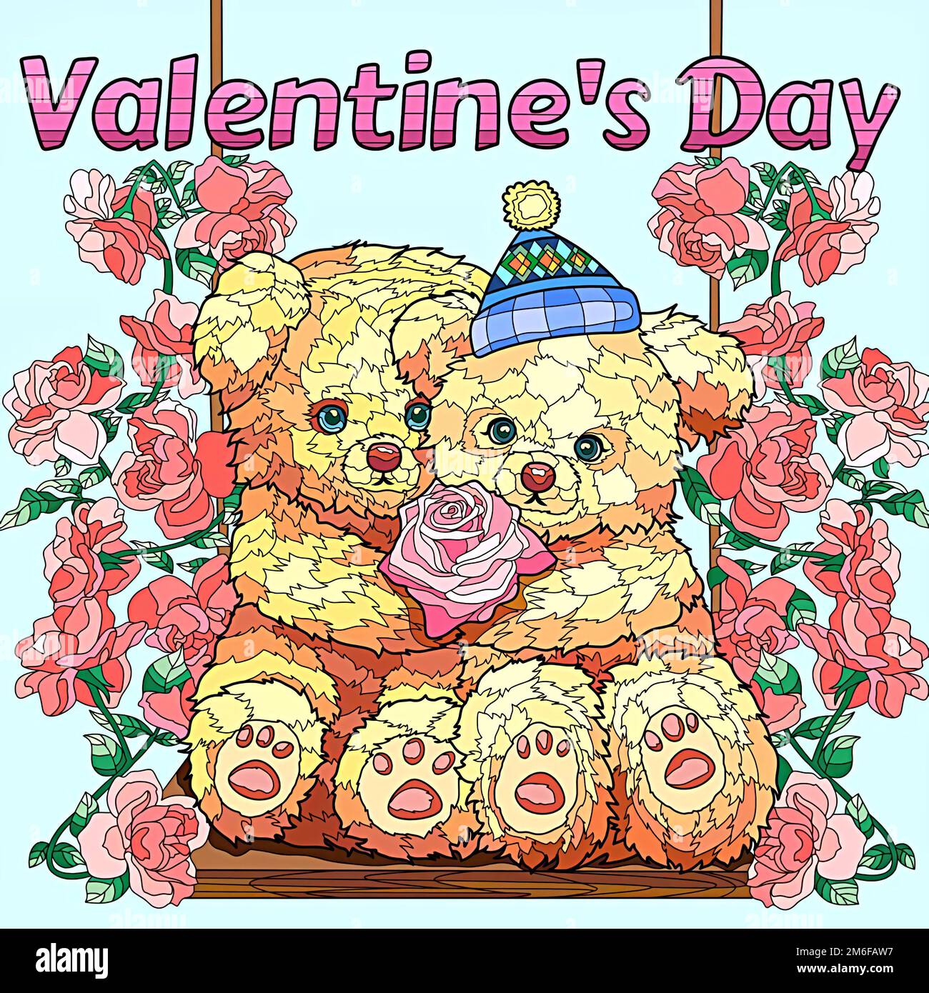 Saint-Valentin, illustration d'une paire d'ours en peluche et de fleurs roses Banque D'Images