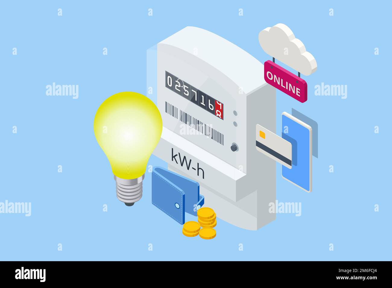 Facture isométrique et compteur d'électricité. Paiement des factures de services publics. Dépenses de consommation d'électricité. Les gens qui paient des factures d'électricité et de services publics en ligne Illustration de Vecteur