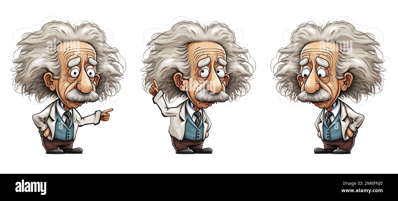 Personnage de dessin animé Albert Einstein avec un doigt dans l