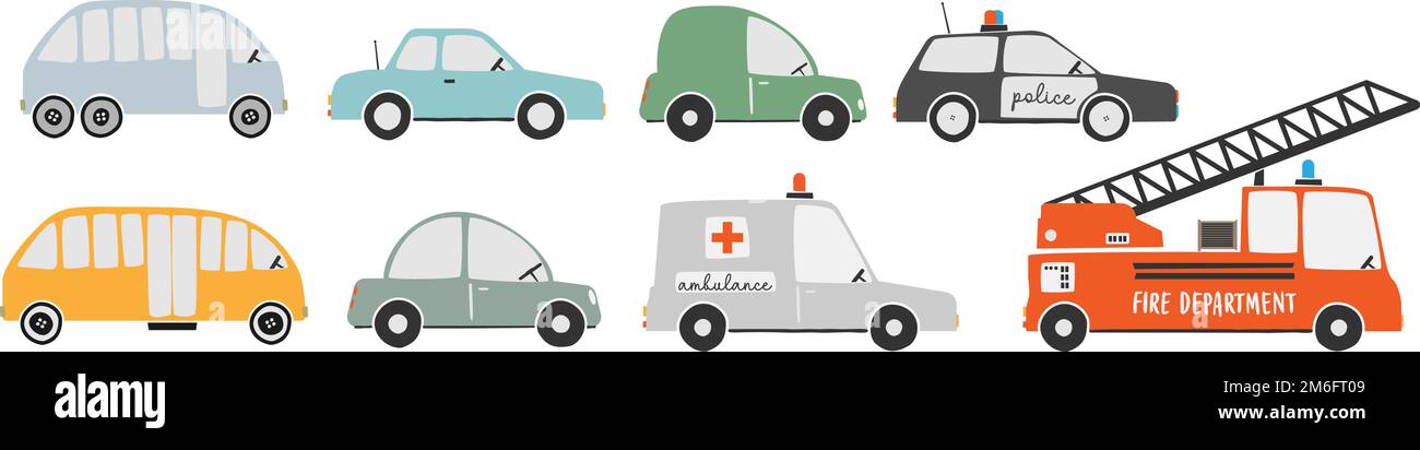 collection de véhicules motorisés, illustration vectorielle de style scandinave pour enfants Illustration de Vecteur