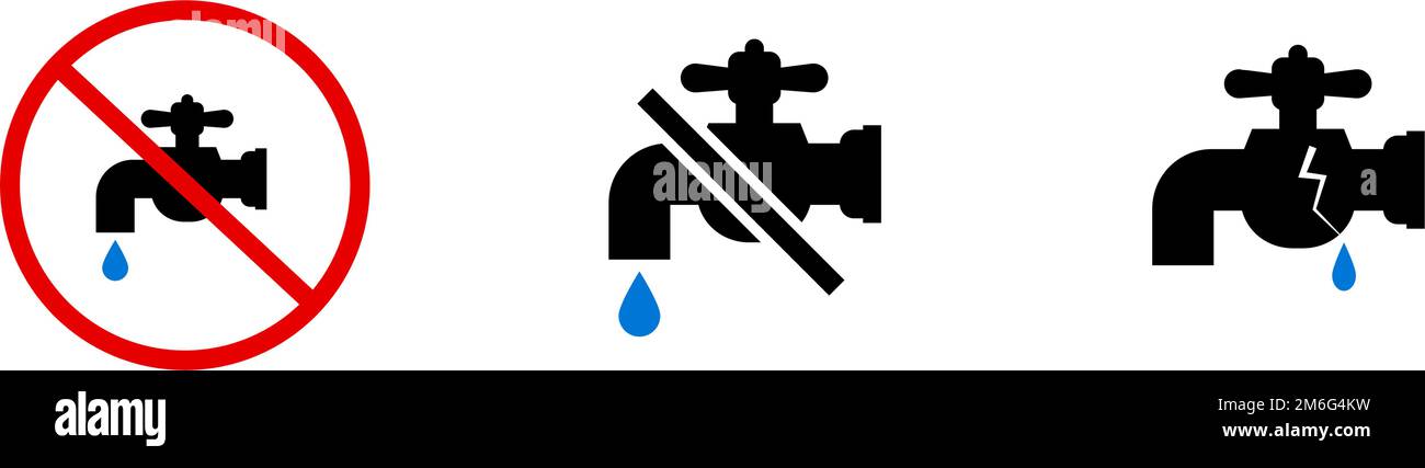 Icône du robinet ensemble de dysfonctionnement du robinet d'eau et interdiction d'utilisation et de fuite d'eau. Vecteur modifiable. Illustration de Vecteur