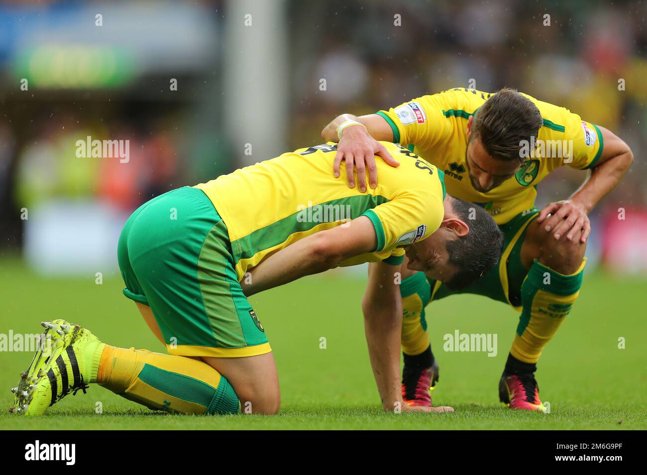 Ivo Pinto, de Norwich City, vérifie que Graham Dorrans est ses treuils à la suite d'un défi - Norwich City contre Cardiff City, Sky Bet Championship, Carrow Road, Norwich - 10th septembre 2016. Banque D'Images