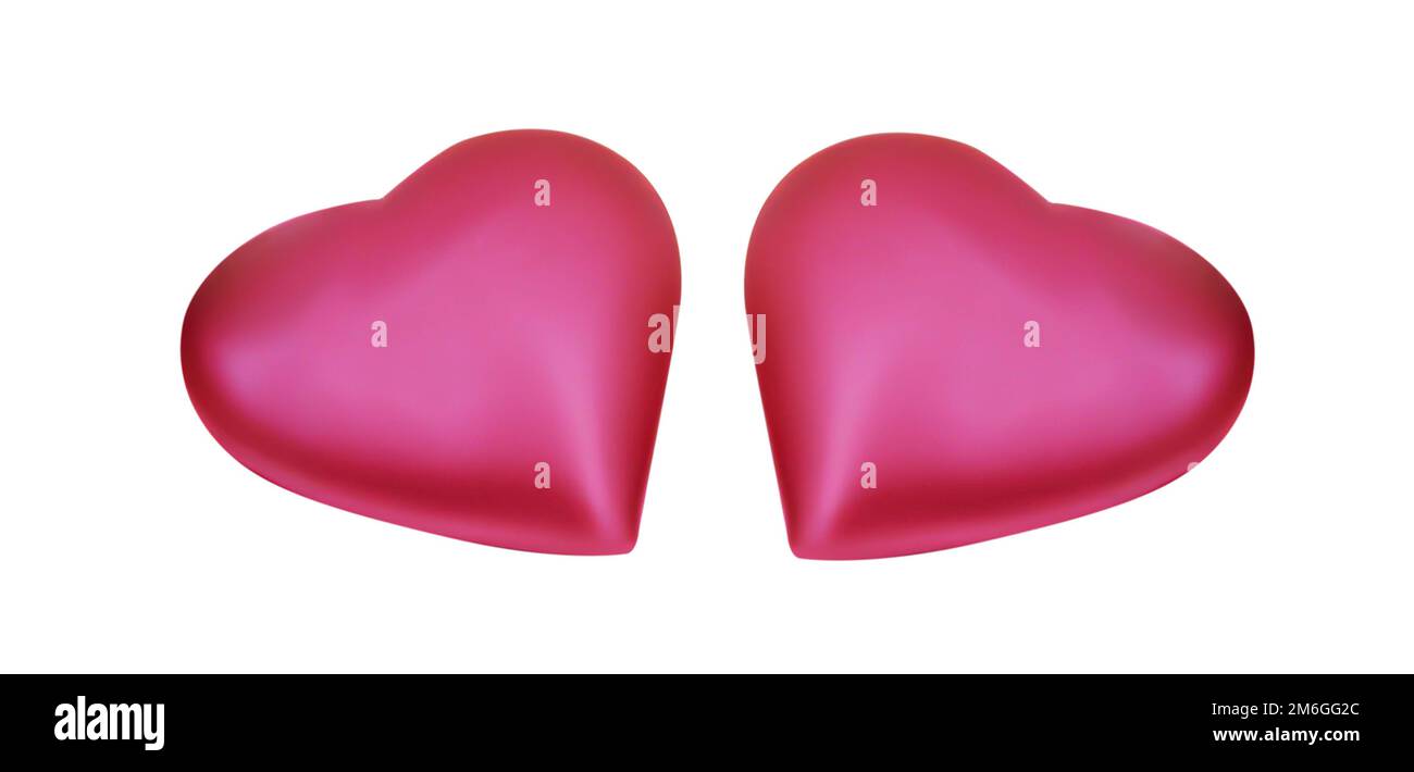 Deux coeurs roses de 3D isolés sur fond blanc, symbole de l'amour et de la Saint-Valentin Banque D'Images