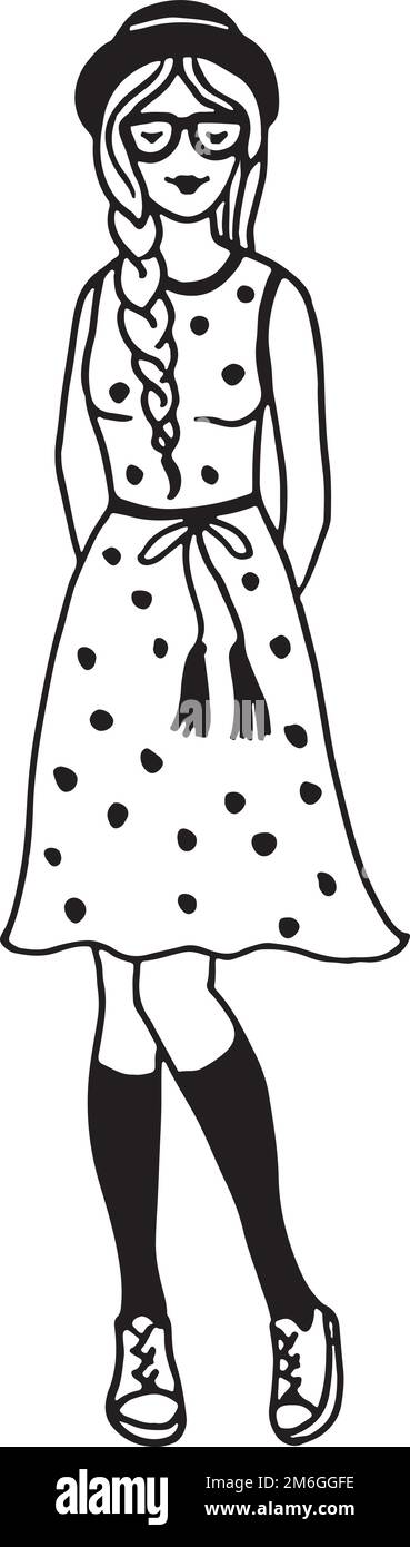 Jeune femme en robe à pois. Esquisse de mode Illustration de Vecteur