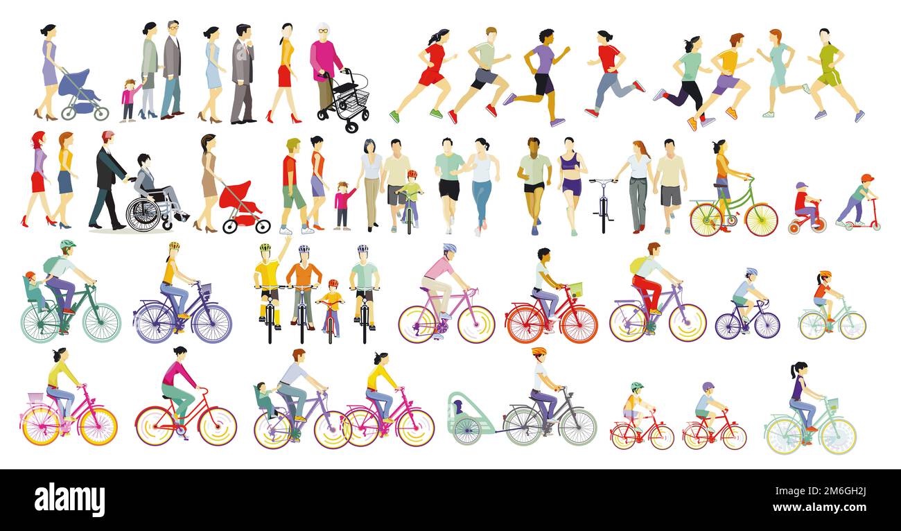 Grand groupe d'athlètes, de familles, de cyclistes et de piétons, illustration, isolé sur le whi Banque D'Images