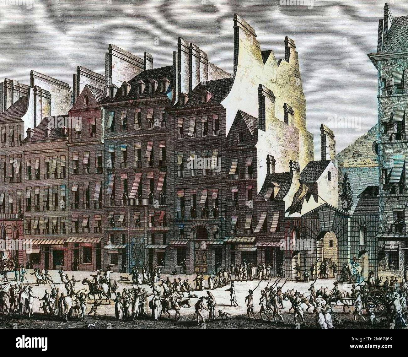 Révolution francaise et mouvements contre rotation : : Le passage de la charrette qui conduit Jacques René Hebert (1757-1794), journaliste et homme politique francais, Jean Baptiste Gobel (1727-1794), archiveque de Paris, Pierre Gaspard Chaumette (1763-1794), révolutionnaire francais, a la guillotine devant le porte du club des jacobins de mars 14 1794. Gravure de Berthaut d'apres Duplessi - Bertaux. Banque D'Images