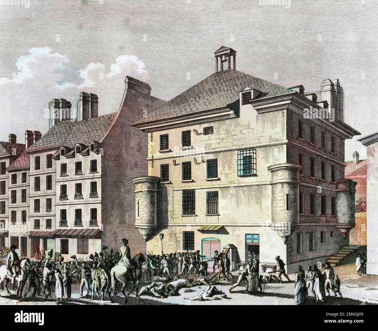 Révolution francaise et mouvements commerciaux : massacre des 2,3,4,5,6 septembre 1792 à Paris. Eau forte de Pierre Gabriel Berthault, dit Berthault Oncle (1737-1831) et Jacques François Joseph Swebach Desfontaines (1769-1823). Banque D'Images