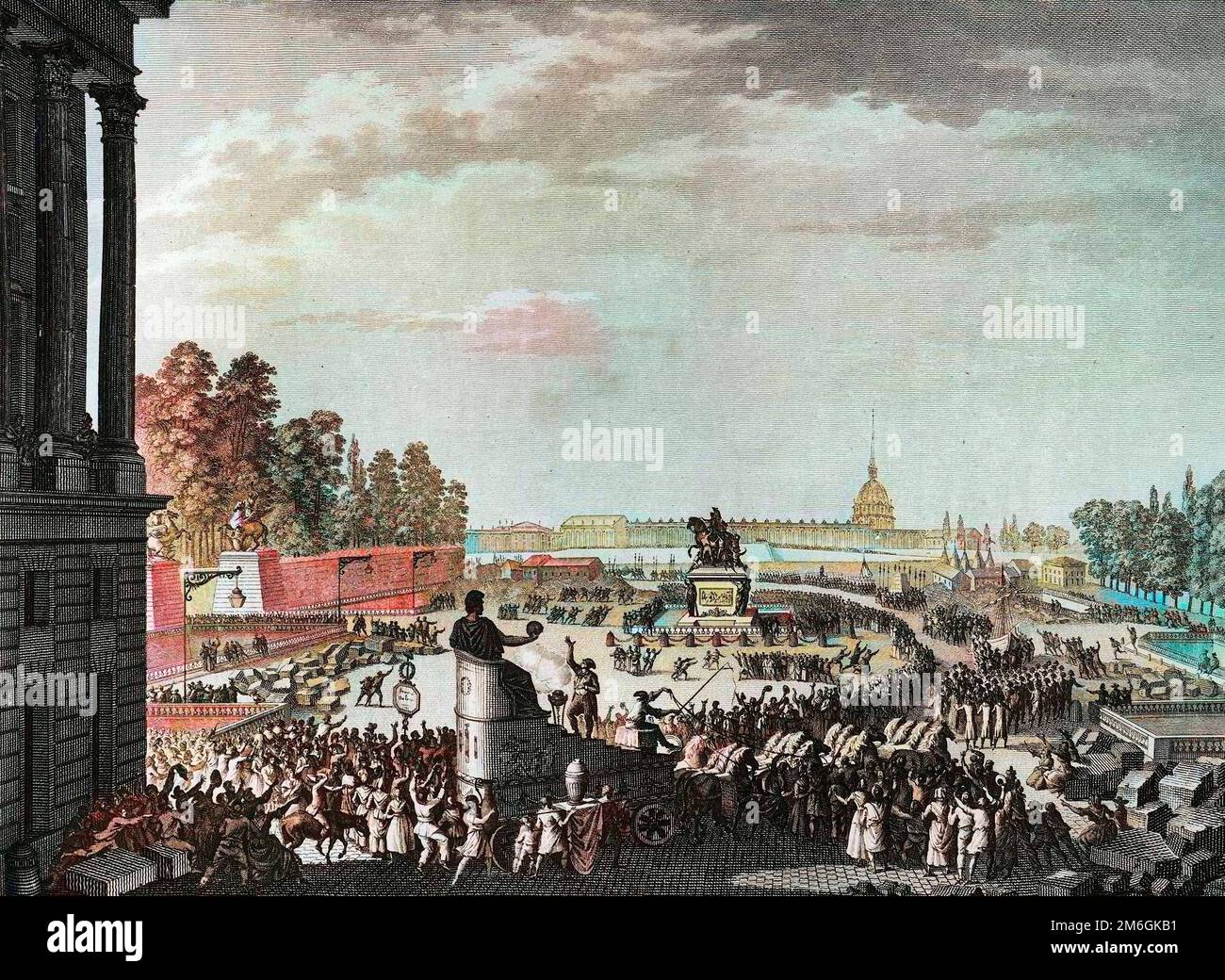 Revolution francaise de 1789 - Révolution française: Première fete de la liberté a l'occasion des Suisses de Châteauvieux (Châteaux Vieux ou Châteaux-Vieux) le 15 avril 1792. Gravure de Berthaut d'apres Prieur. Banque D'Images