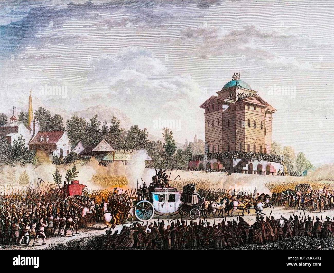 Révolution francaise de 1789 - Révolution française: Retour de la famille Royale a l'arrêt a Varennes le 20 et 21 juin 1791 : le roi Louis XVI et Marie-Antoinette sont ramenes a Paris le 25 juin 1791. Gravure d'un dessin de Prieur. Banque D'Images