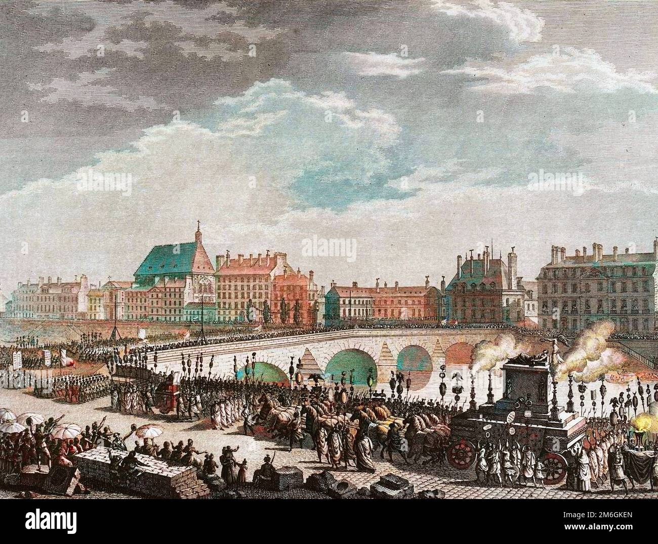 Révolution francaise de 1789 - Révolution française : Triomphe de François Marie Arouet dit Voltaire (1694-1778) le 11 juillet 1791 (le char funebre des restes de Voltaire a son passage sur le Pont Royal). Gravure de Berthaut Banque D'Images