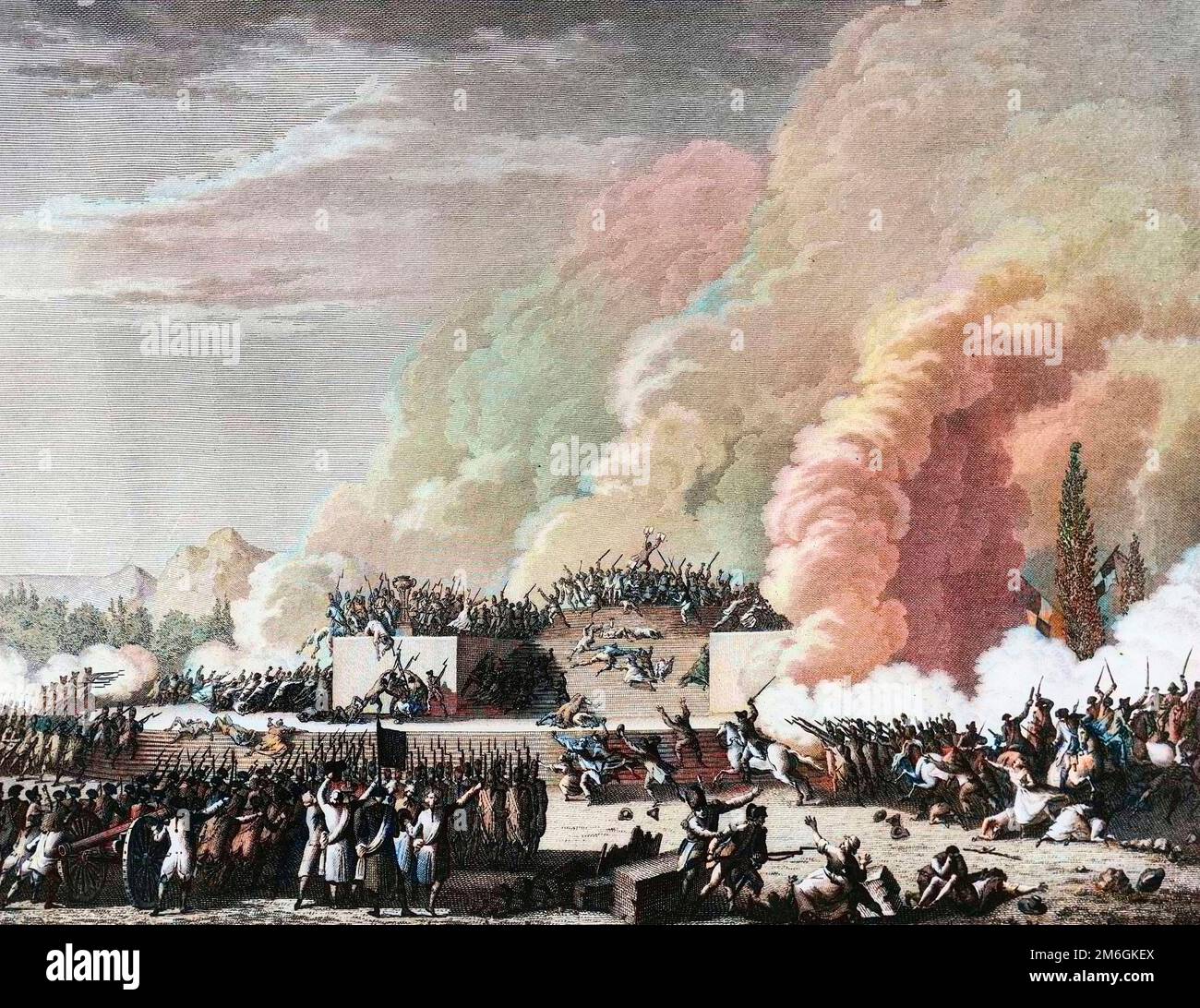 Massacre de champ de Mars - Révolution francaise de 1789 - Révolution française : publication de la loi spatiale (installation de l'etat judiciaire d'exception ou de l'armee assurer le maintien de l'ordre a place de la police) aux champs de Mars a Paris le 17 juillet 1791. Gravure de Berthaut d'apres Prieur. Banque D'Images
