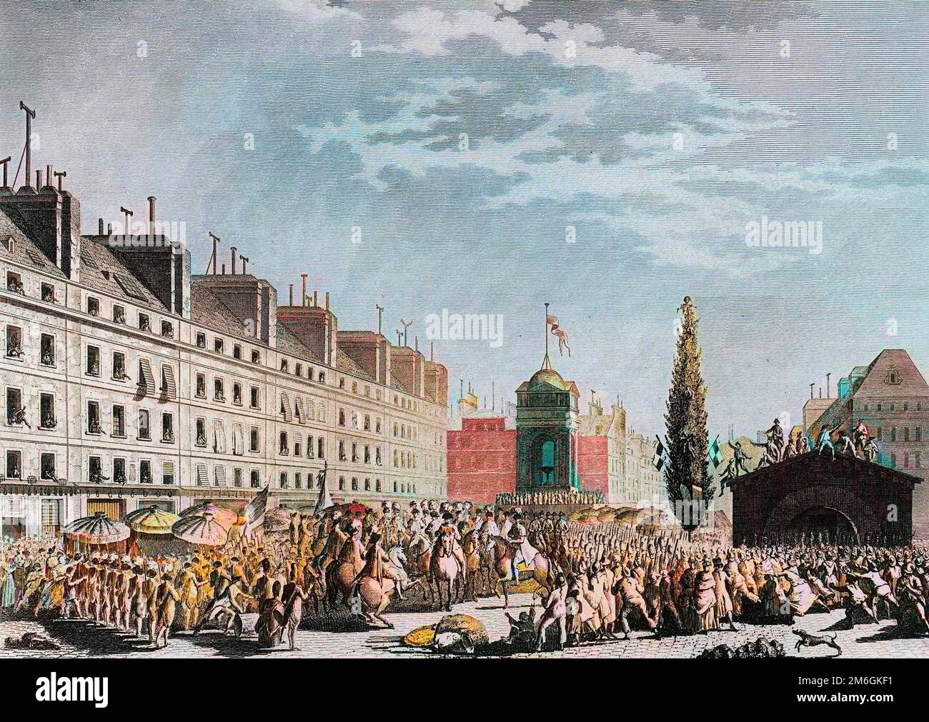 Reconnaissance de la monarchie constitutionnelle - Révolution francaise de 1789 - Révolution française : proclamation de la Constitution (monarchie constitutionnelle : séparation des pouvoirs et institution de la monarchie constitutionnelle) place du marché des innocents a Paris le 14 septembre 1791. Gravure de Berthaut d'apres Prieur. Banque D'Images