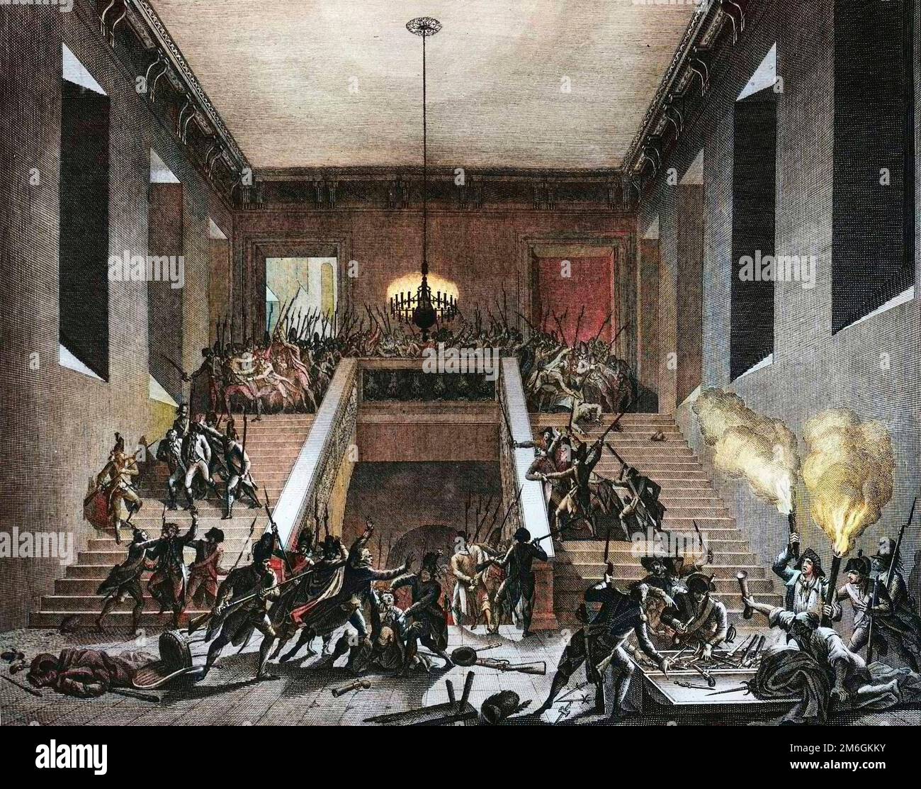 Révolution francaise de 1789 - Révolution française: la conspiration des Chevaliers du Poignard (foire des poignards) : les Garde nationaux dessarment les Chevaliers vénus aux Tuileries le 28/02/1791. Gravure de Berthaut d'apres Prieur. Banque D'Images