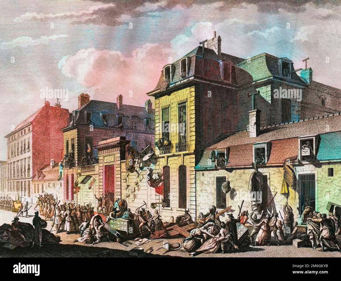 Révolution francaise de 1789 - Révolution française : pillage de l'hôtel de Castries, rue de Varenne dans le 7E arrondissement de Paris, le 13 novembre 1790. Il est saisi comme bien d'émigrer et s'affecte au ministere de la guerre. Gravure de Berthaut d'apres Prieur. Banque D'Images