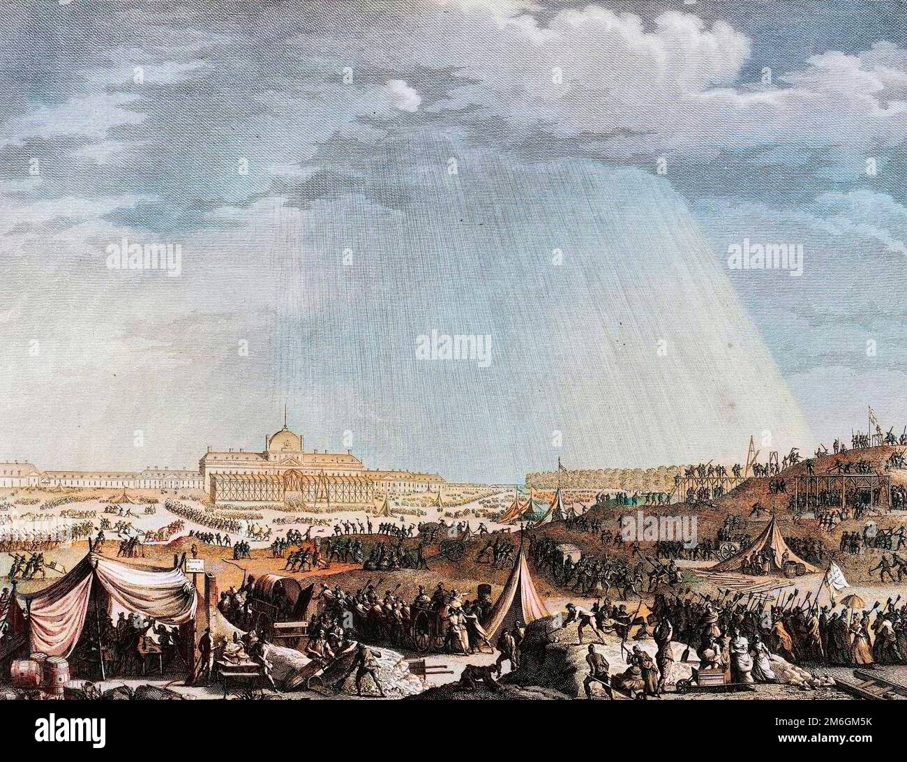 Révolution francaise de 1789 - Révolution française : travaux du champs de Mars à Paris pour la tête de la Fédération le 14 juillet 1790. Gravure de Berthaut d'apres Prieur. Banque D'Images