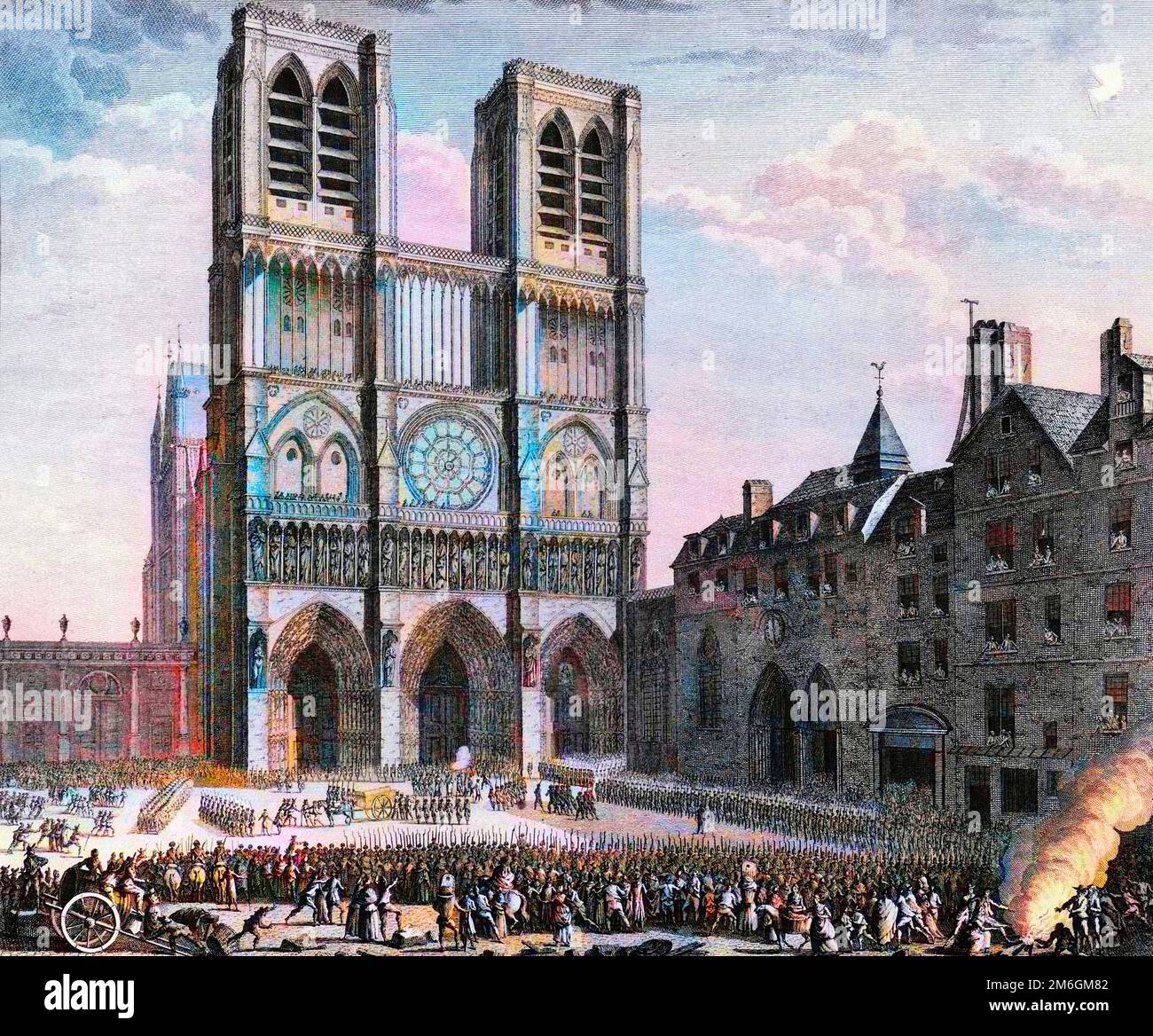 Révolution francaise de 1789 - Révolution française: Thomas de Mahy, marquis de Favras ( 1744-1790) fait amende honorable en face de notre Dame de Paris sur l'ile de la Cité le 19 fevrier 1790. Gravure de Berthaut d'apres Prieur. Banque D'Images