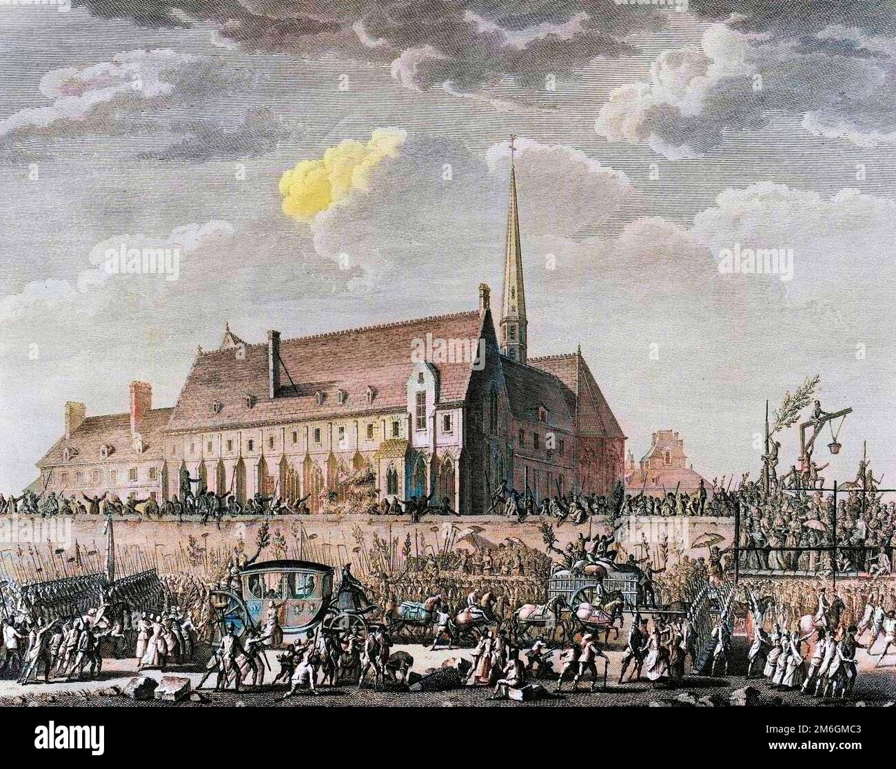 Révolution francaise de 1789 - Révolution française: Le roi Louis XVI arrivé avec sa famille (Marie Antoinette, le dauphin Louis Charles de France ou Louis XVII et Marie Thérèse dite 'Madame Royale') a Paris le 6 octobre 1789. Gravure de Berthaut d'apres Prieur. Banque D'Images