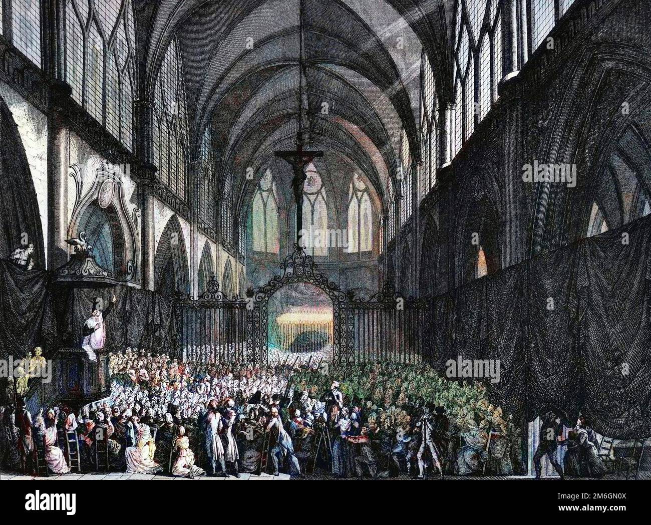 Révolution francaise de 1789 - Révolution française : service funéraire a Saint Jacques de l'Hôpital (Saint Jacques de l'Hôpital) des citoyens morts au siège de la Bastille le 5 aout 1789. Gravure de Berthaut d'apres Prieur. Banque D'Images