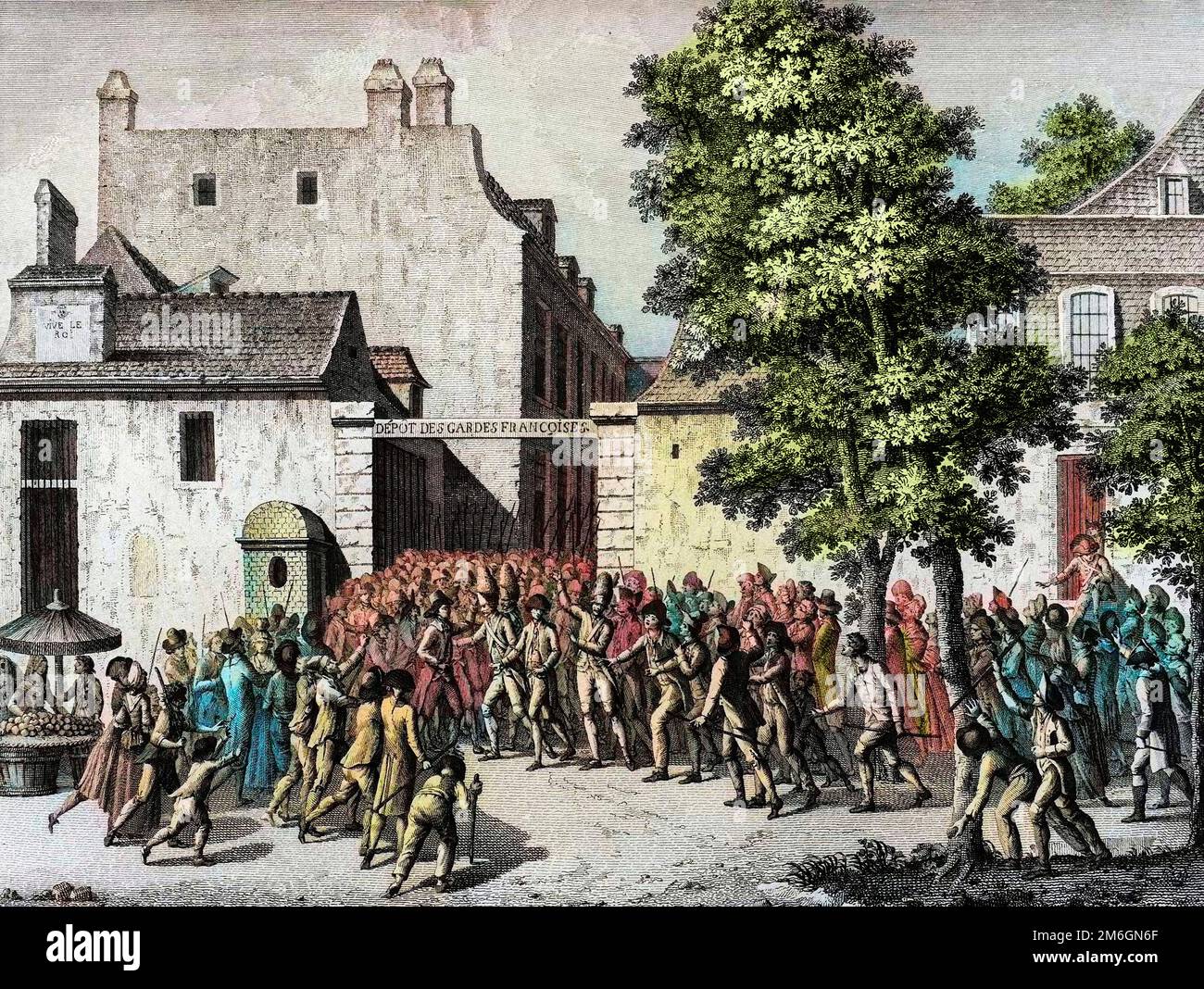 Révolution francaise de 1789 - Révolution française : les Garde Francaises sauvant Monsieur du Châtelet , leur colonel , de l'effervescence populaire le 12 juillet 1789. Gravure de Berthaut d'apres Prieur. Banque D'Images