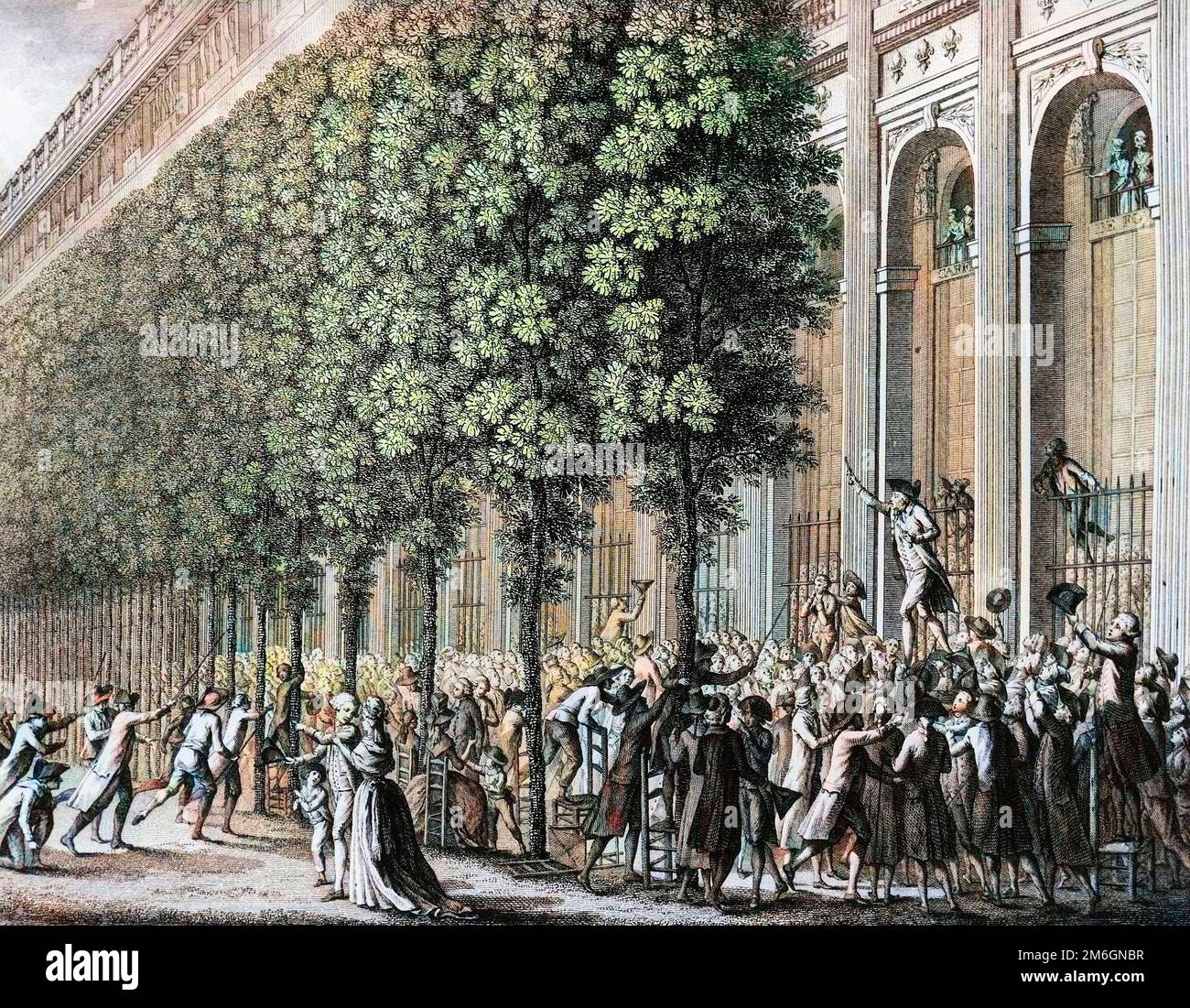 Révolution francaise de 1789 - Révolution française: Motion fait au Palais Royal par Camille Desmoulins (1760-1794) le 12 juillet 1789. Gravure de Berthaut d'apres Prieur. Banque D'Images