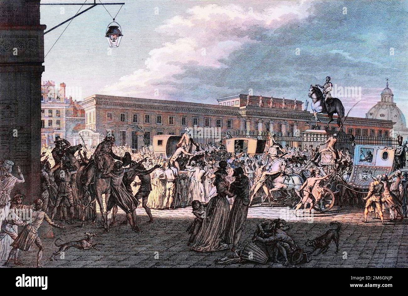 Les débuts de la Révolution française - les premiers de la Révolution de 1789 : rassemblement sur le Pont neuf (Pont-neuf) a Paris le 16 septembre 1788. Dessin de Veny et Girardet , gravure de Niquet. Banque D'Images