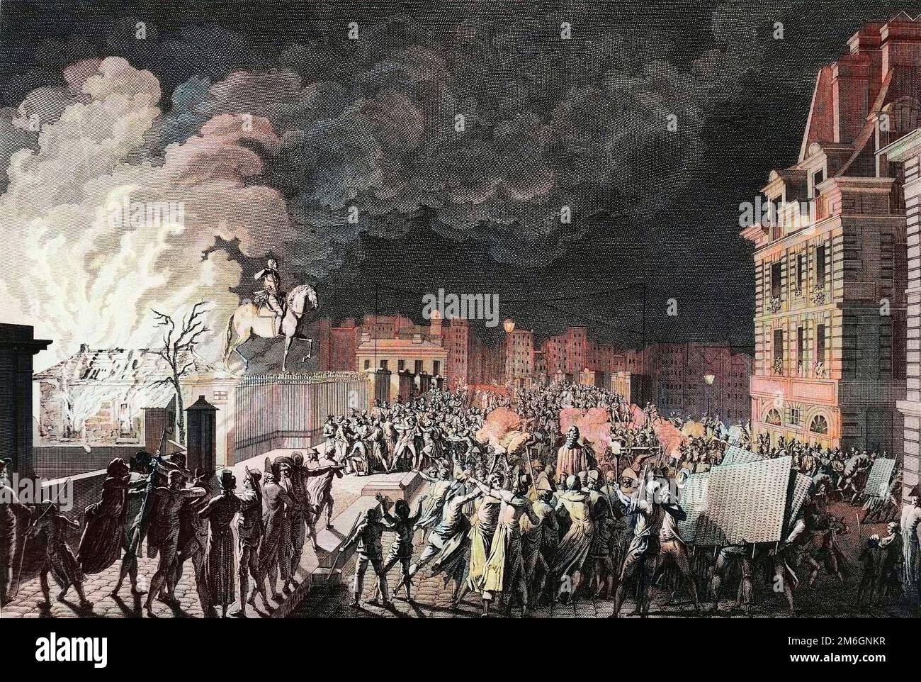 Les débuts de la Révolution française - les préfets de la Révolution de 1789: Incendiaire du corps de garde sur le Pont neuf a Paris le 29 aout 1788. Dessin et gravure de Girardet. Banque D'Images