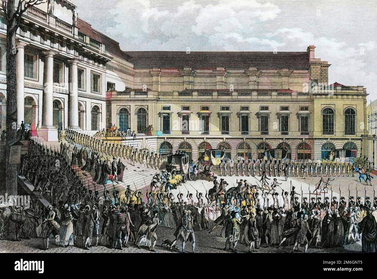 Les débuts de la Révolution française - les premiers de la Révolution de 1789 : Charles Philippe d'Artois (revenu Charles X (1757-1836) sortant de la cour des aides de Paris le 17 aout 1787. Dessin de Meunier et grave par C Niquet. Banque D'Images