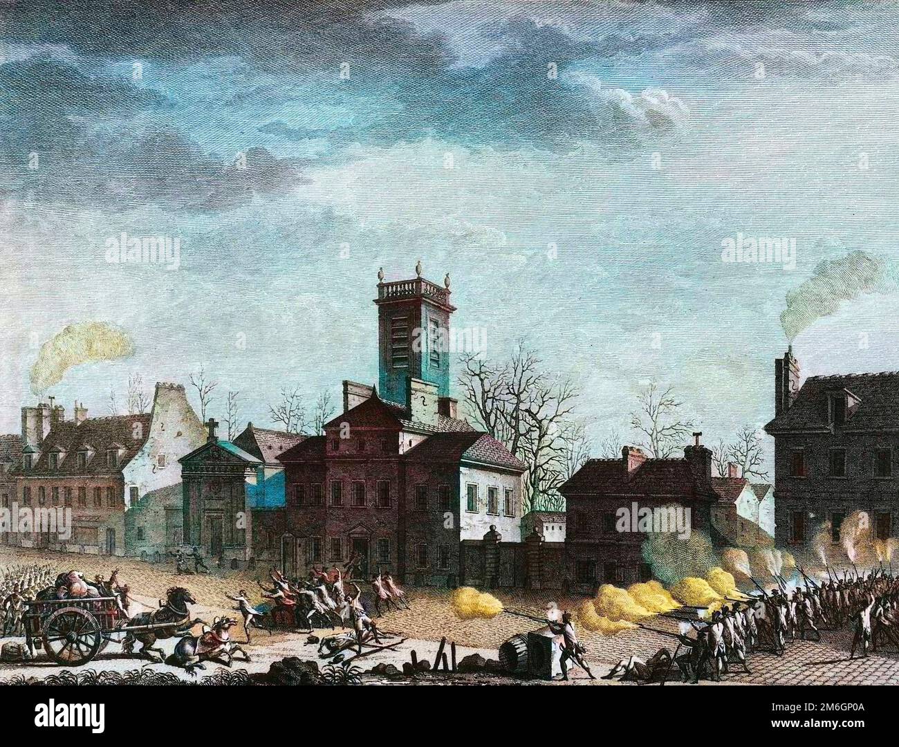 Révolution francaise de 1789 - Révolution française : massacre par les chasseurs des barrieres aux portes de Paris, avec une recherche chez un marchand de vin du village de la Chapelle en janvier 1791. Gravure de Berthaut d'apres Prieur. Banque D'Images