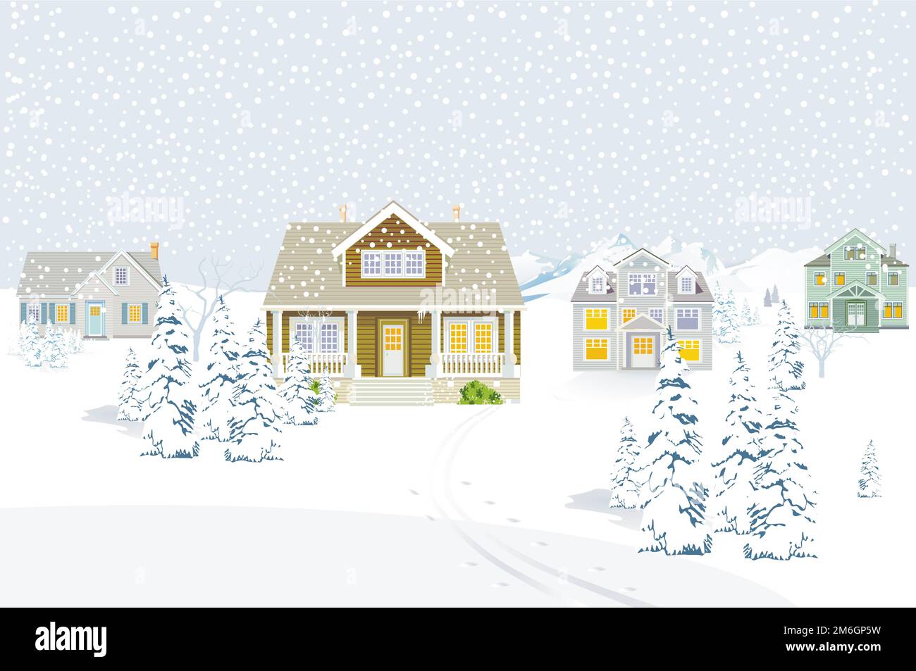 Maisons de campagne à Noël dans le paysage enneigé, Illustration, Banque D'Images
