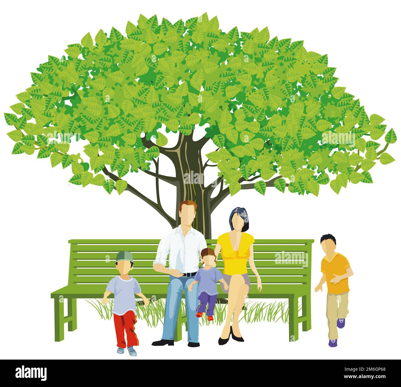 Famille avec enfants sur un banc de parc sous un arbre , Illustration Banque D'Images