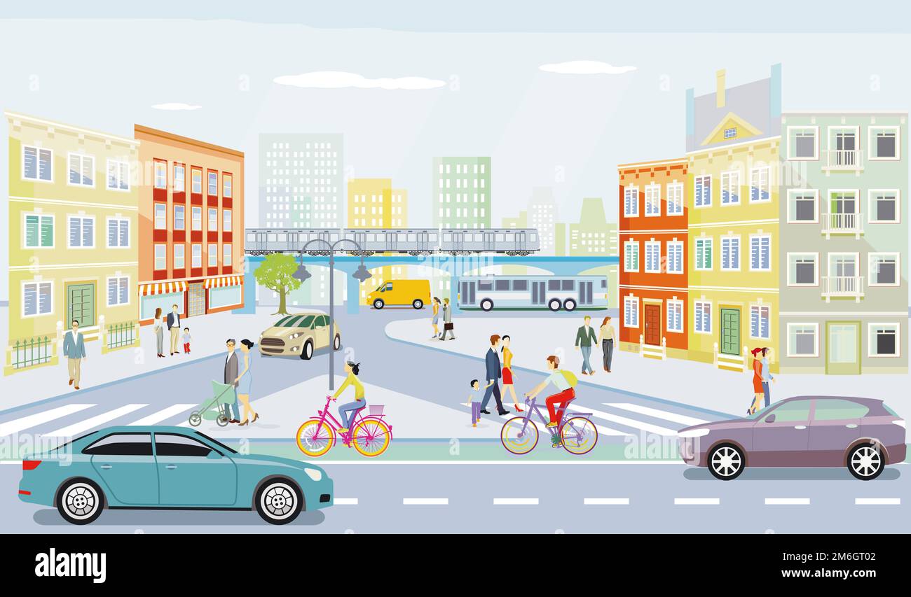 Silhouette de ville avec intersection dans une ville et personnes sur le trottoir, illustration Banque D'Images