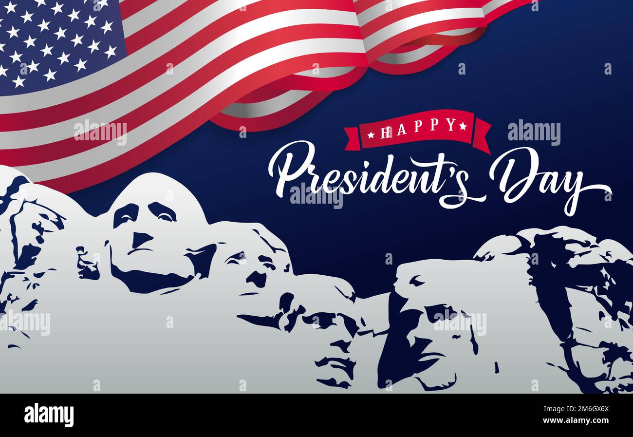 Carte Happy Presidents Day avec drapeau et Mont Rushmore. Motif typographique du jour du Président pour affiche ou bannière. Illustration vectorielle Illustration de Vecteur