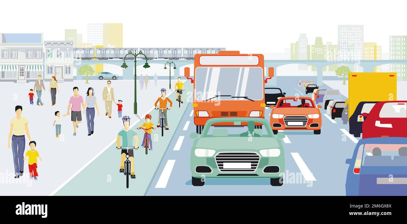 Ville avec bus et cyclistes et circulation, illustration Banque D'Images