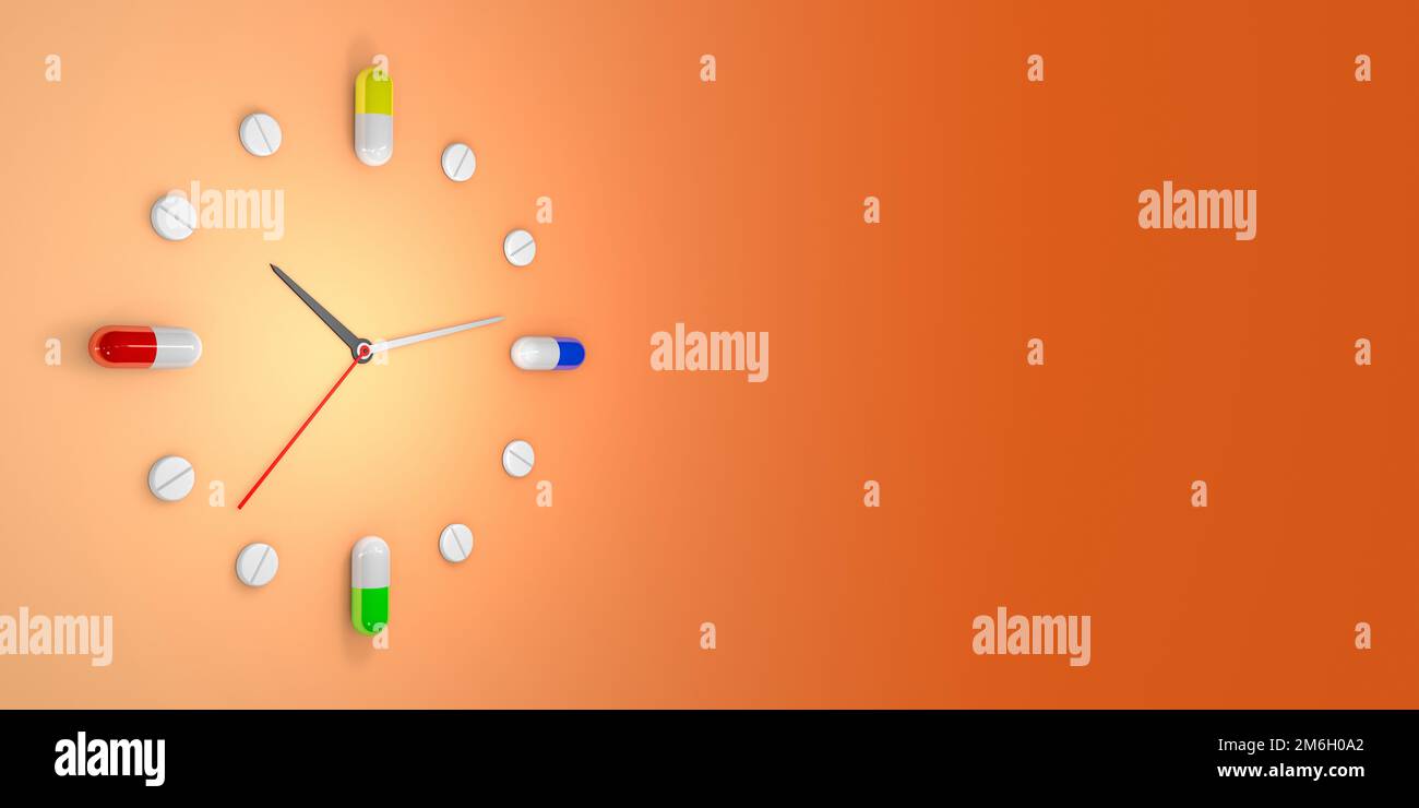 Montre, composé de capsules et de pilules, indiquant à quel moment différents médicaments devraient être pris - 3D illustration Banque D'Images