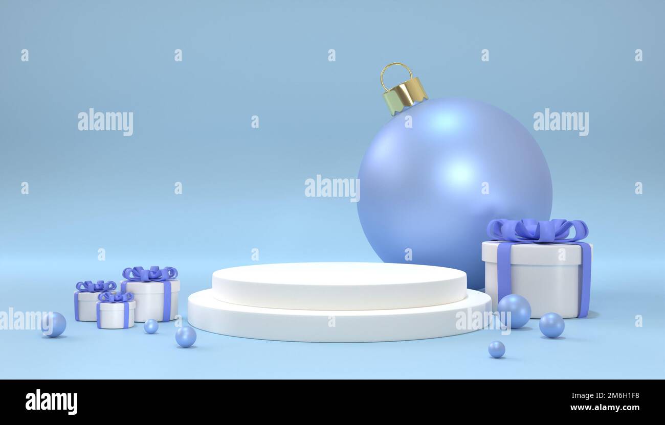 3D boîte cadeau blanche avec arbre de noël sur fond bleu Banque D'Images