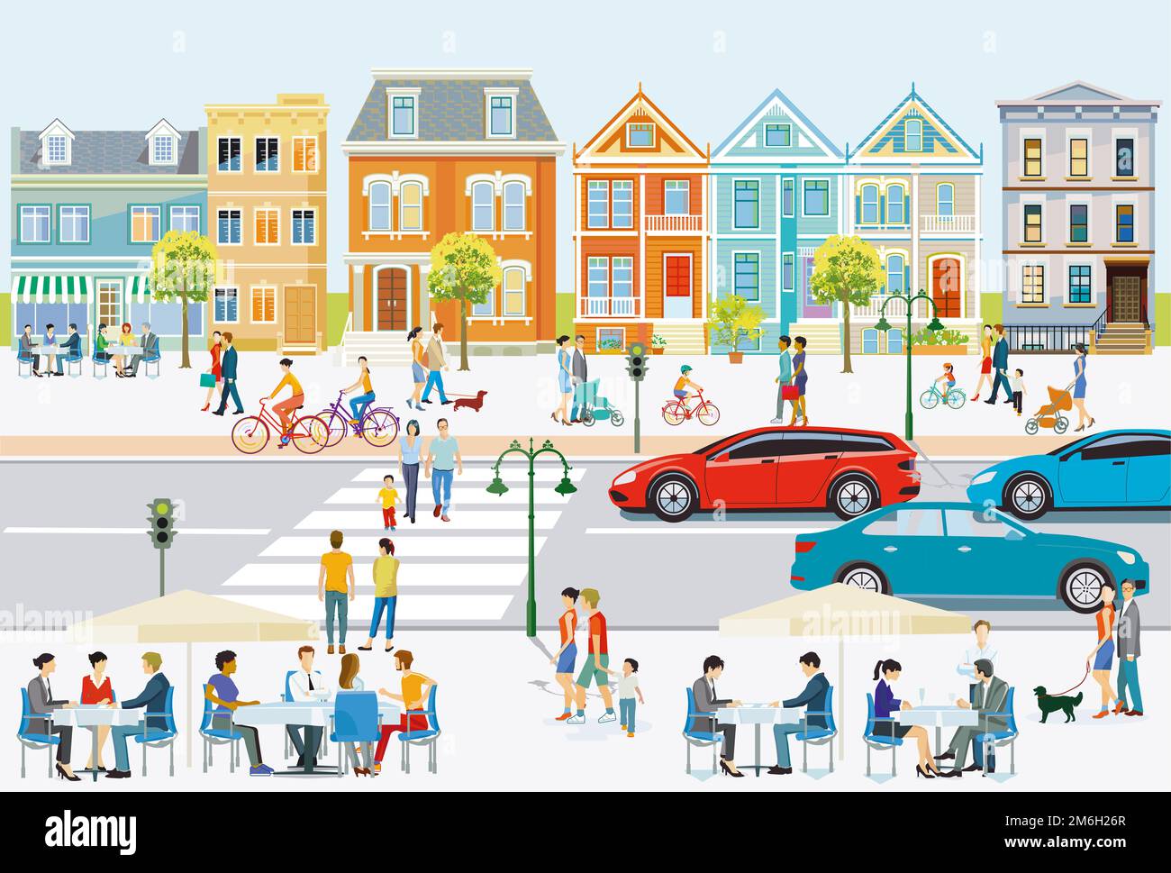 La vie urbaine, avec la circulation routière, les piétons et les familles à temps libre, illustration Banque D'Images